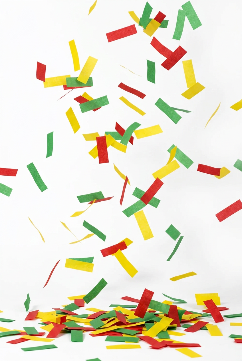 Alleen rood-geel-groene rechthoekige confetti op een witte achtergrond
