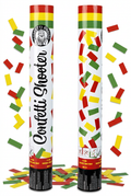 Confettishooters omringd door rood-geel-groene confetti