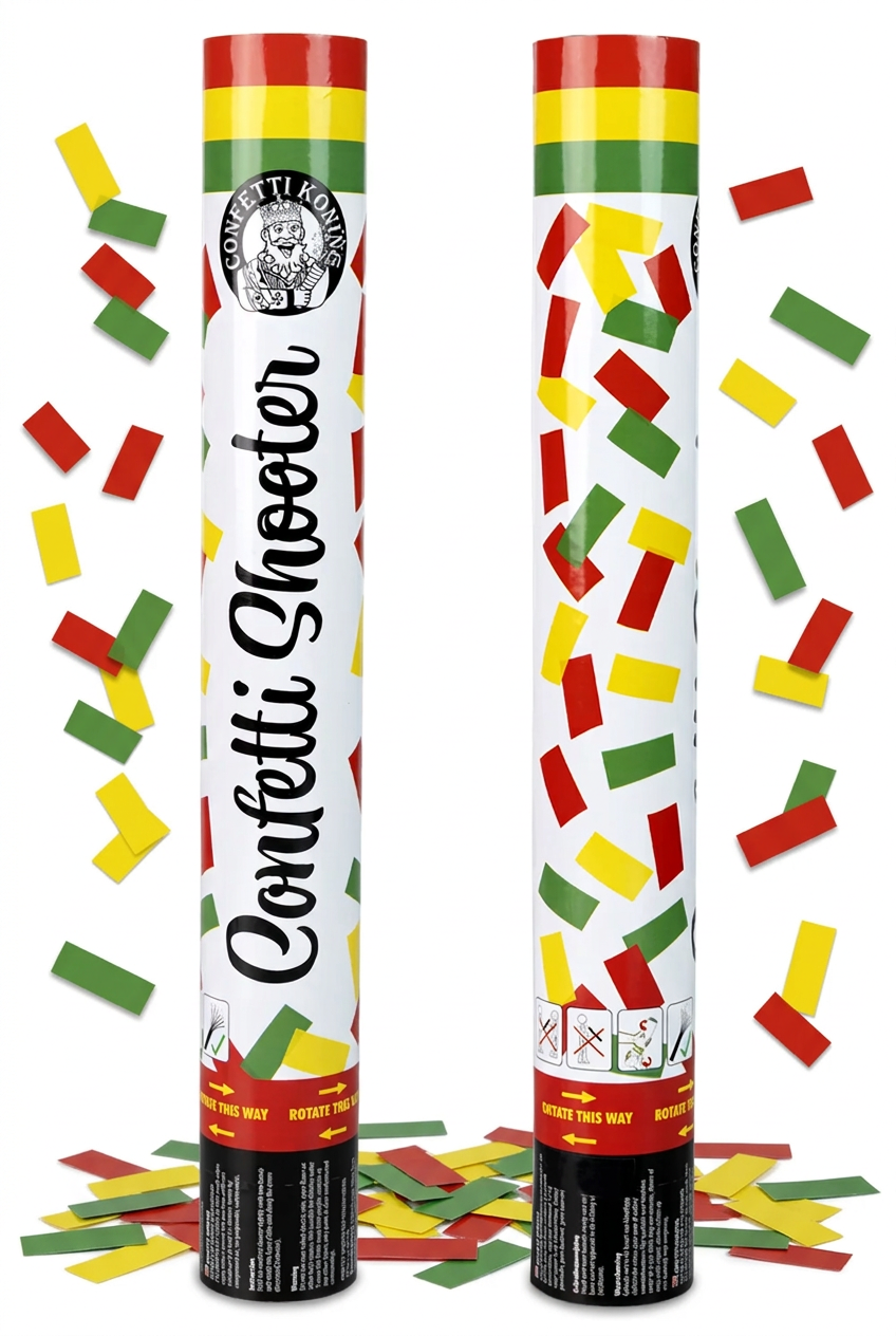 Confettishooters omringd door rood-geel-groene confetti