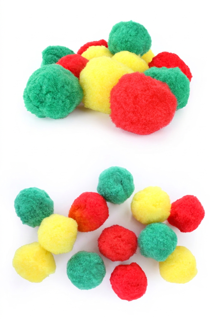 Pompons met rood, geel en groen anders verdeeld