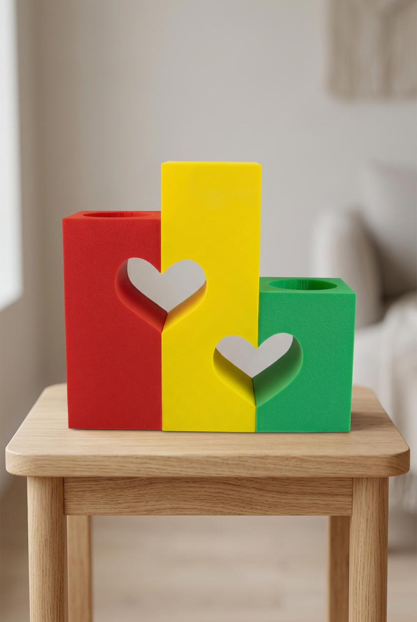 Rood-geel-groene hartdecoratie op een houten tafeltje