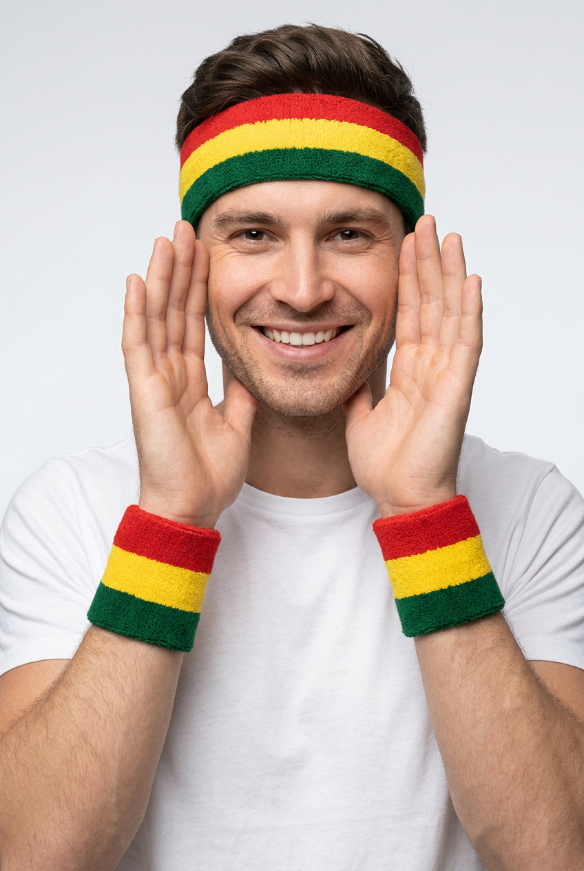 Voorbeeld van de carnavalsset met hoofdband en polsbandjes gedragen door een model